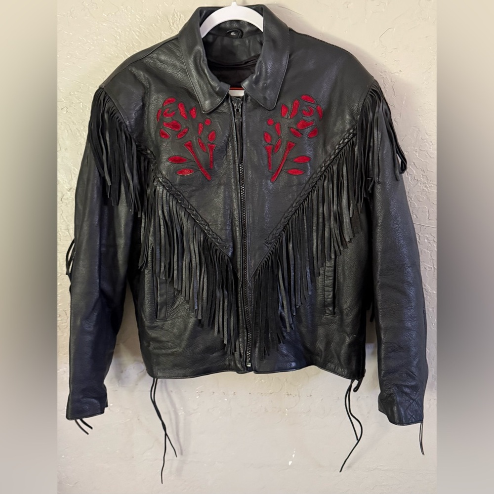 Interstate Leather Black Motorcycle Jacket Red Roses Tassels Fringe Women’s XL